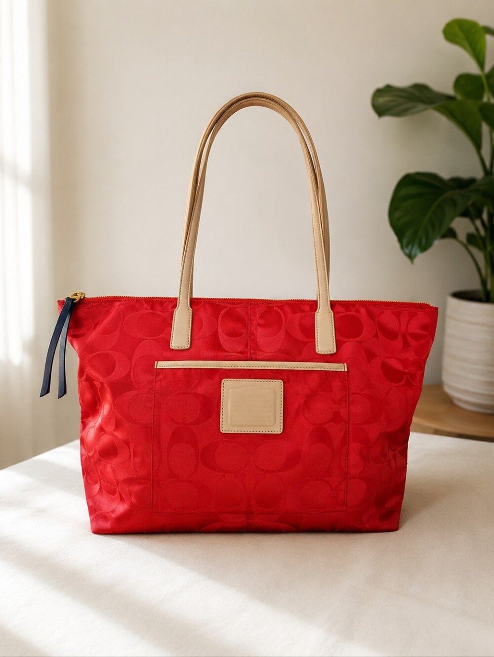 Coach Red Signature Monogram Nylon Tote Bag Beige Handles Large Travel